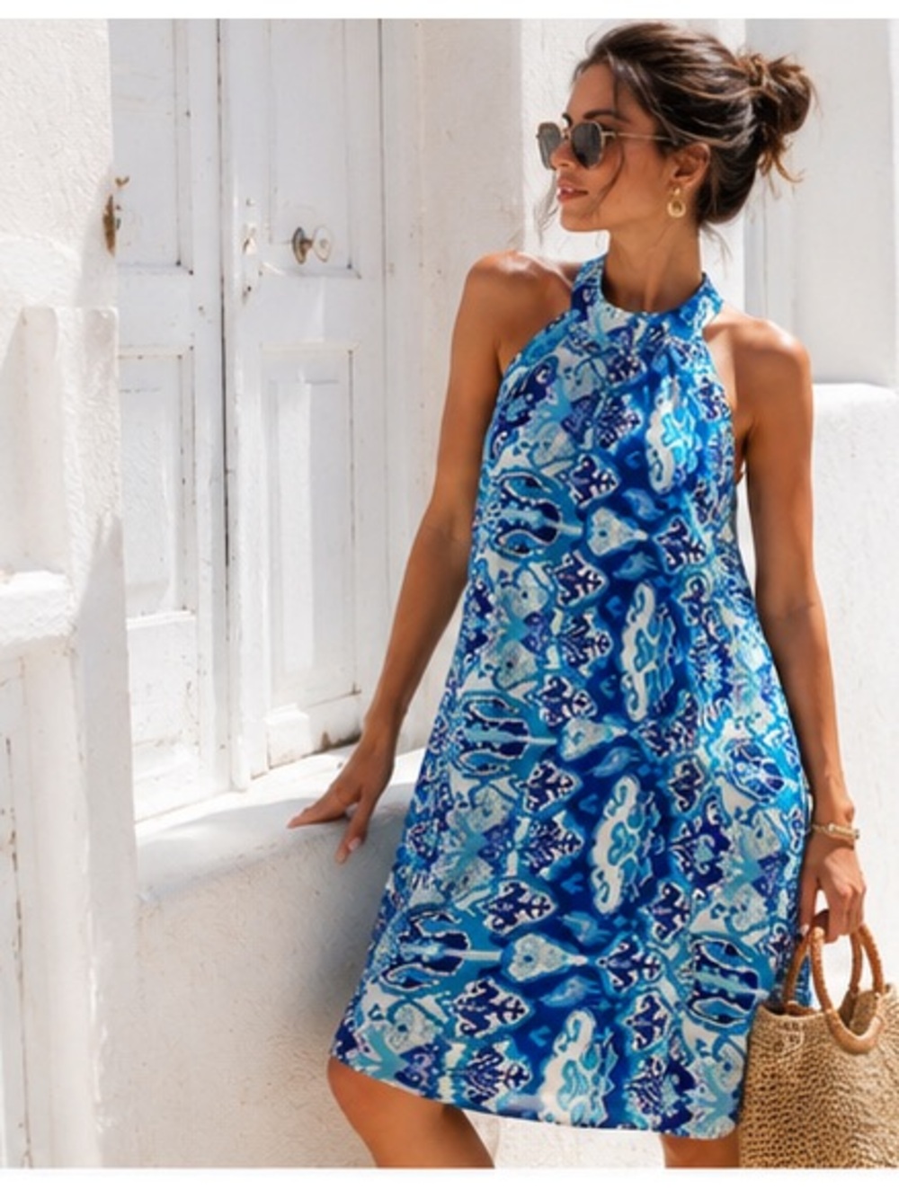 Eva Collection Santorini Greece Silk Blend Halter Shift Dress M - Picture 3 of 16